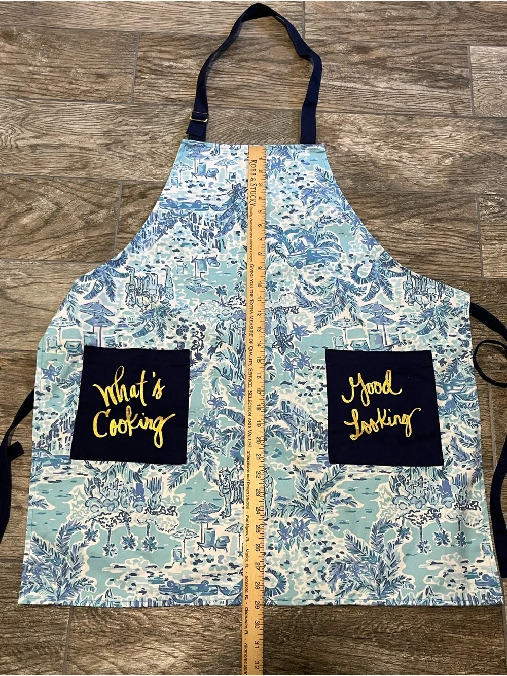 Lilly Pulitzer Light Blue Floral Apron with Navy Pockets